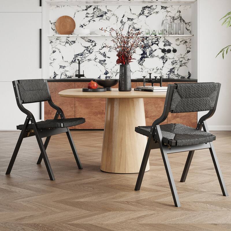 Set of 2 Wood Folding Dining Chairs with Woven Seat & Back - Black