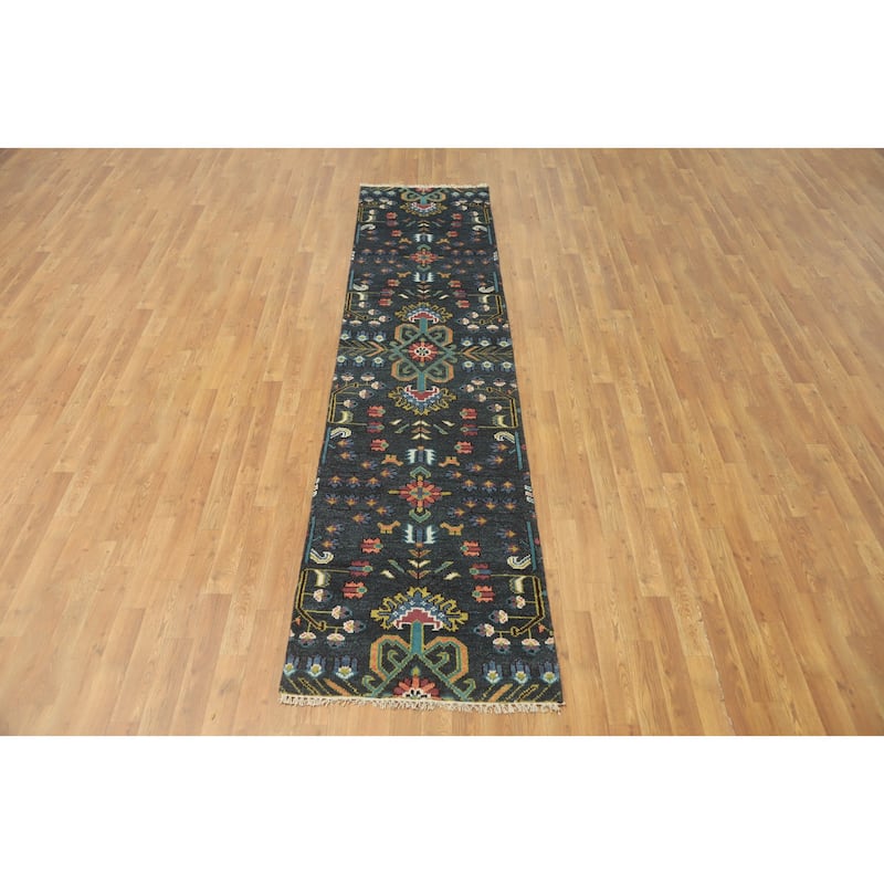 Hand-knotted Traditional Wool Grey Geometric Oriental Area Rug - 9' 11'' X 2' 5''