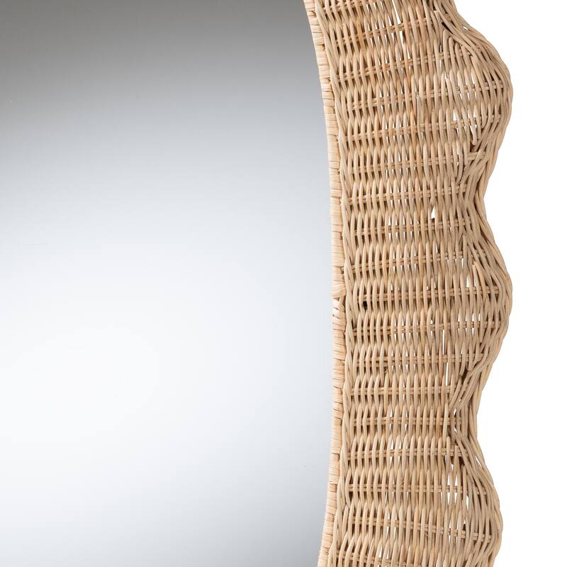 Makoto Scalloped Natural Rattan Wall Mirror - Handwoven Wicker Oval Frame, Boho Coastal Accent Decor for Entryway or Bedroom