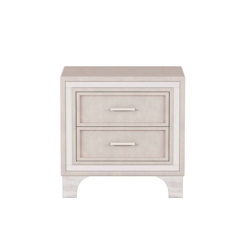 2-Drawer Nightstand with Silver Glitter Strip Decor and Metal Legs, Upholstered Nightstand, Velvet Bedside Table for Bedroom