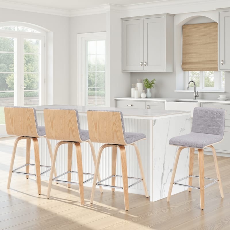 Skara Mid-Century Swivel Counter Stool, Upholstered Counter Height Chair with Bentwood Legs - Grey Fabric & Oak - Set of 4