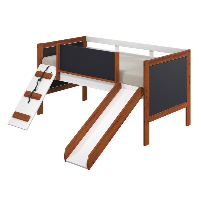 Twin size Wood Loft Bed with Slide and Chalkboard Panels