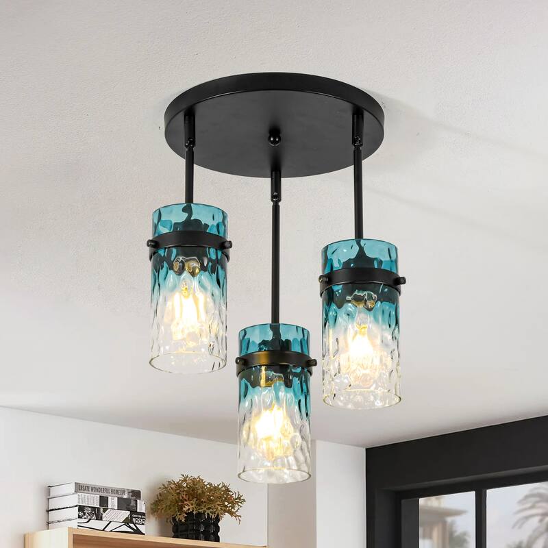 1/3-Light Coastal Matte Black Adjustable Pendant Light with Gradient Blue Hammered Cylinder Glass for Kitchen Island