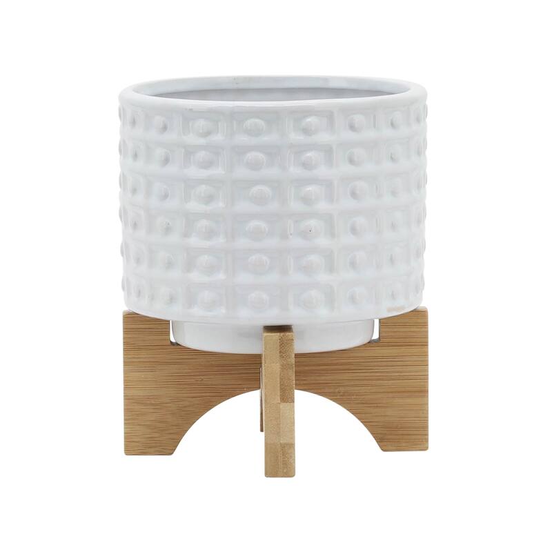 Sagebrook Home Handmade Ceramic Planter Pot with Natural Wood Stand