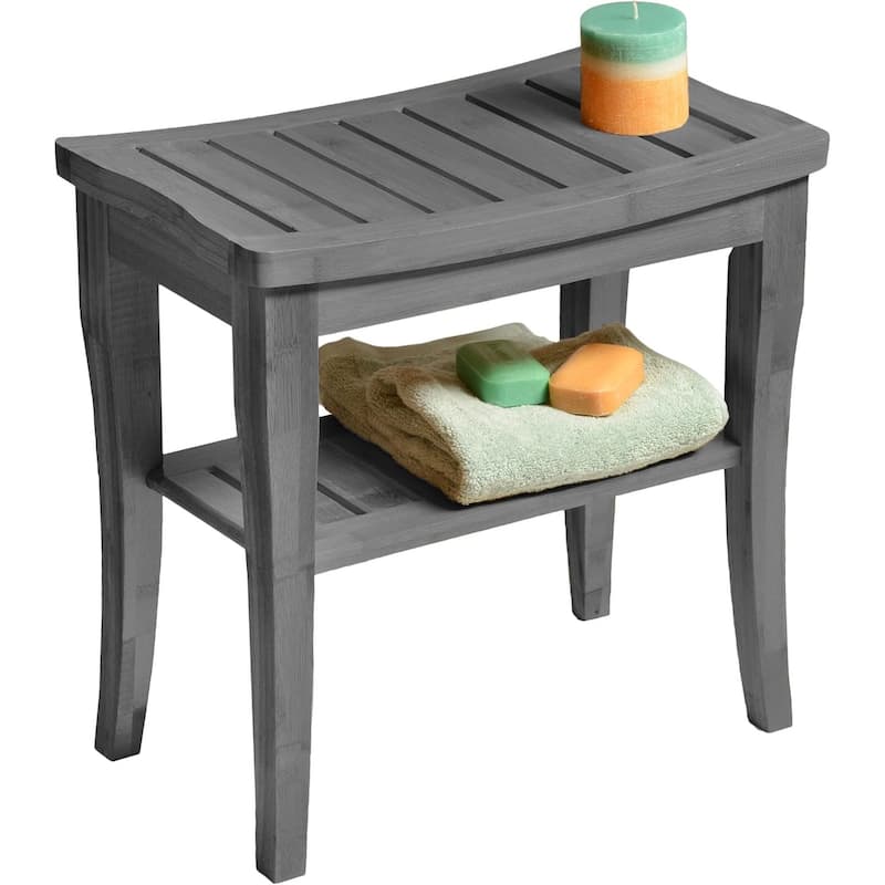 Bamboo Shower Bench Spa Stool - Wood 2-Tier Seat, Foot Rest Shaving Stool with Non-Slip Feet + Storage Shelf - Grey