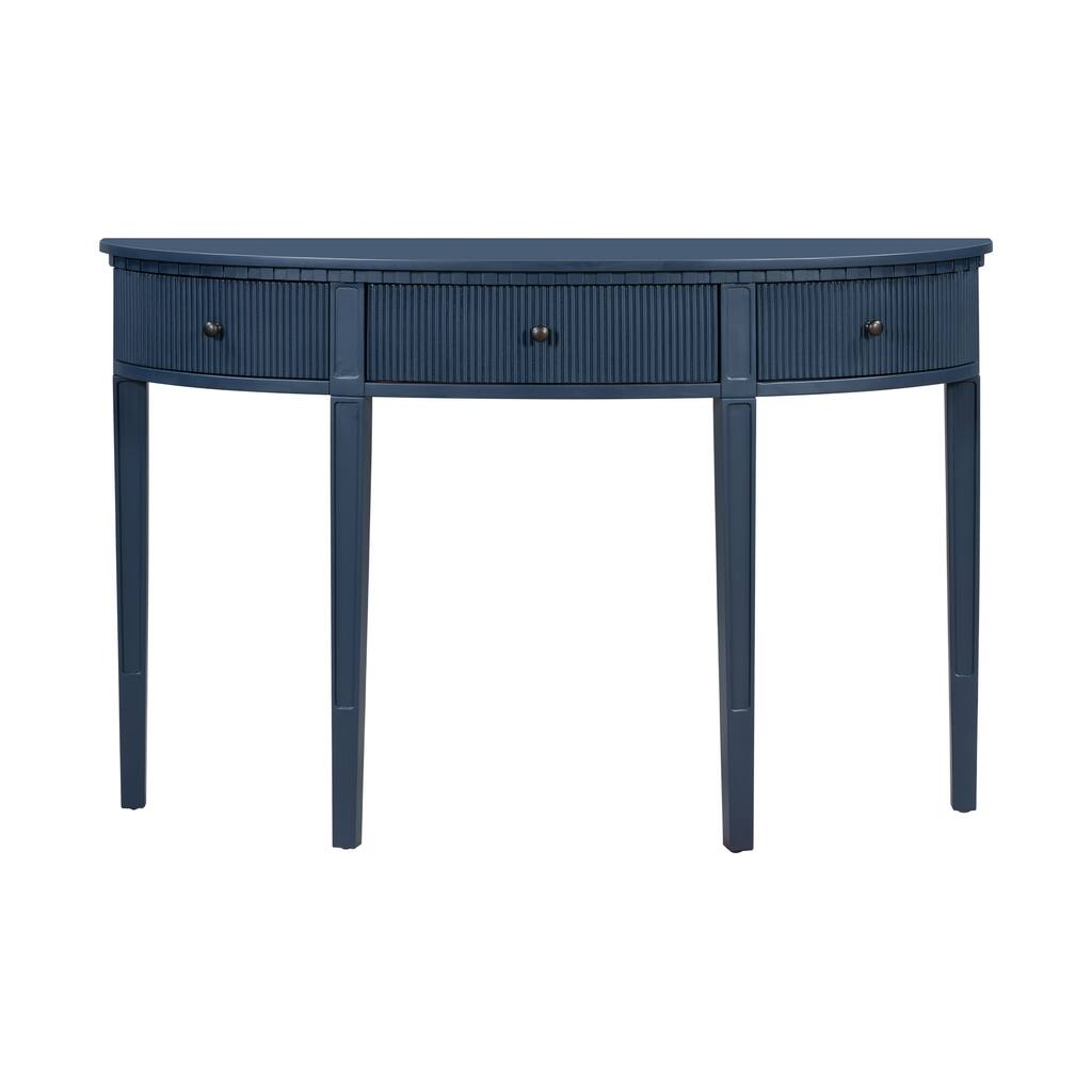 Distinctive Features of Pine Veneer Console Table with Vertical Stripe Drawer Fronts and Four Legs