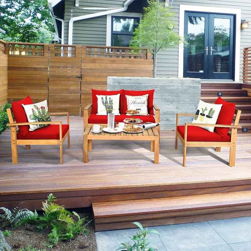 Costway 4PCS Patio Furniture Set Acacia Wood Thick Cushion Loveseat - See details