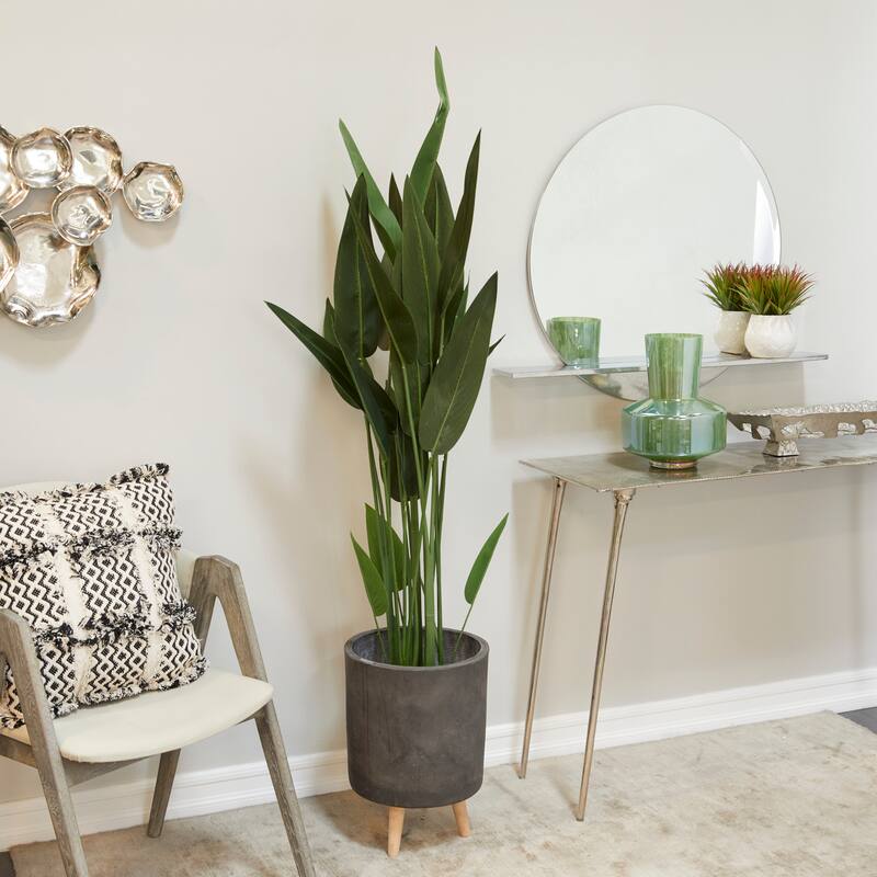 Green Faux Foliage Bird of Paradise Artificial Plant with Realistic Leaves and Black Fluted Pot - 21 x 21 x 61