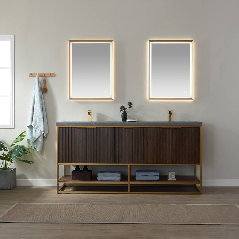 Donostia 72" Vanity in Walnut with stone countertop With Mirror