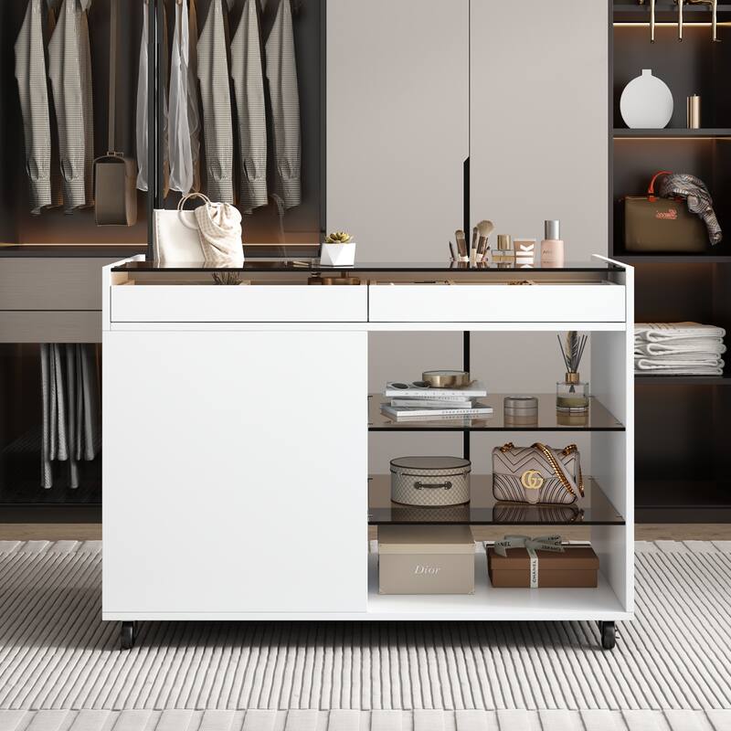 Roomfitters Multi-Functional Storage Island Vanity Console with Glass Display Shelves and Reversible Top, White