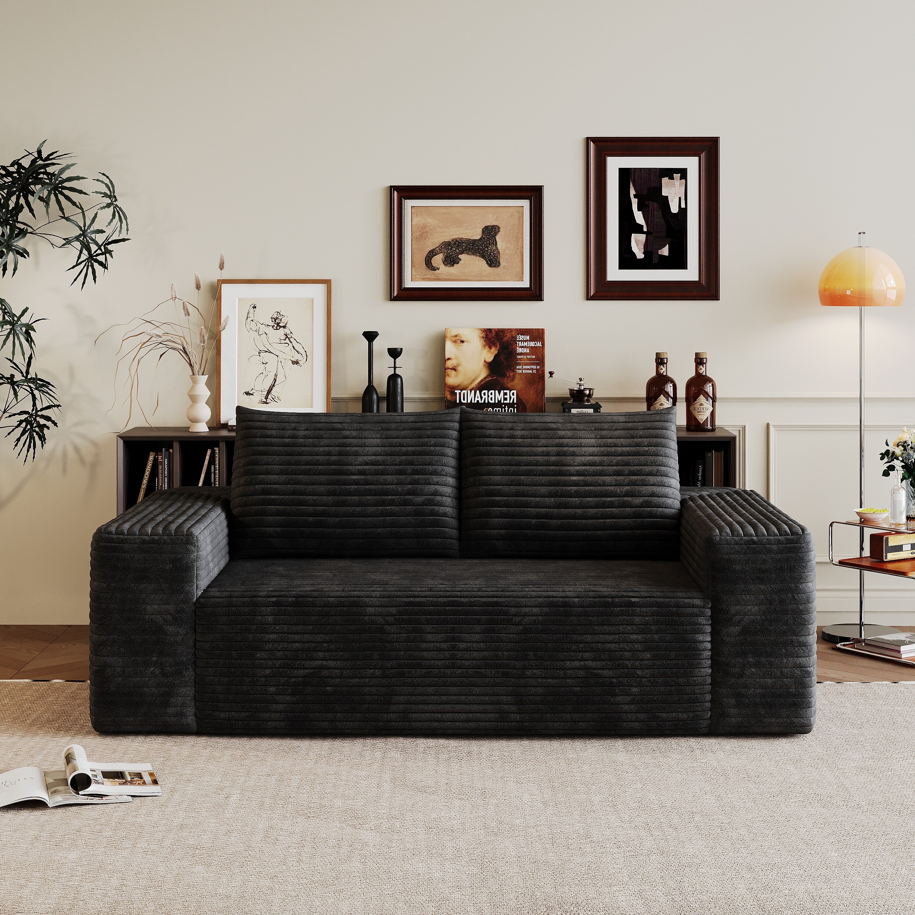 Sofa Couch 2-Seater Sofa Couch with Armrests, Vintage Living Room Sofa Black Sleeper Sofa Couch Loveseat