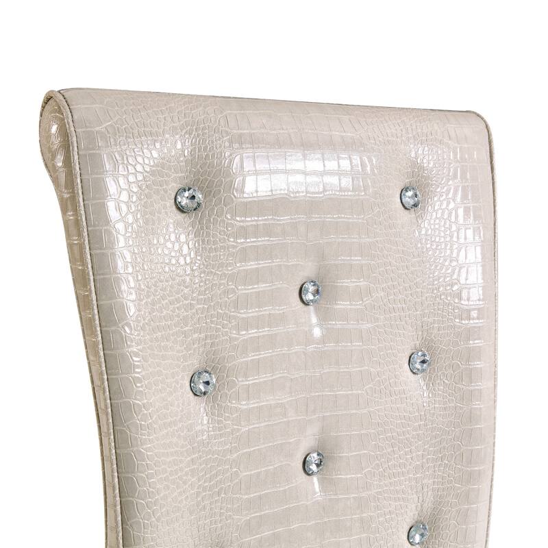 A set of 2 vintage crocodile leather cushioned dining chairs, featuring crystal clasp design and artificial leather design