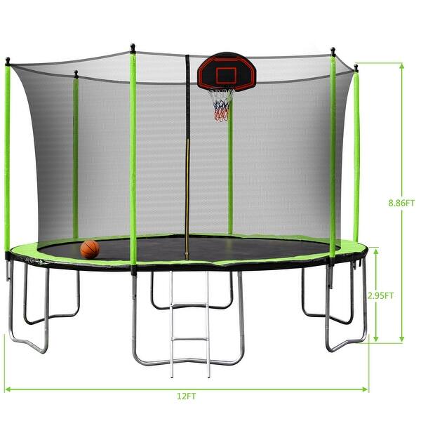 dimension image slide 0 of 3, 12Ft Trampoline with Basketball Hoop Inflator and Ladder, Kids Family Recreational Trampoline for Backyard