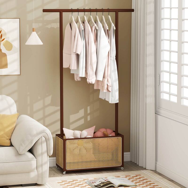 Costway Bamboo Clothes Rack with Rattan Storage Basket & Wheels, - See Details