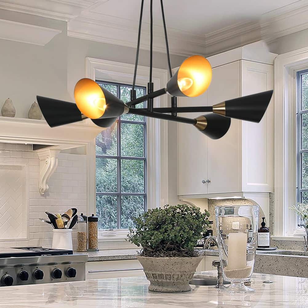 Modern 6-Light Black Gold Metal Chandelier Ceiling Lights for Dining Room - 26" D x 4.5" H