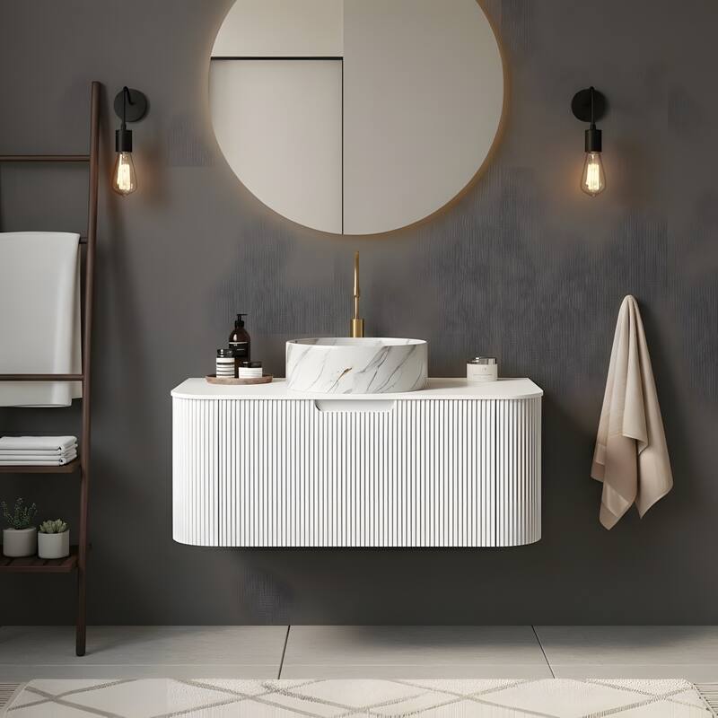 Floating Bathroom with Round Ceramic Basin and Storage Drawer