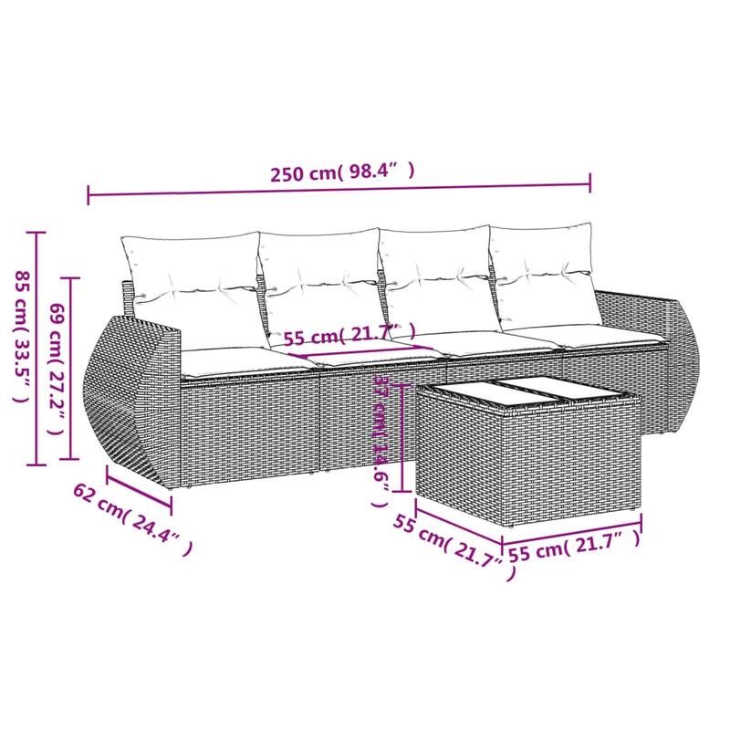 vidaXL 5 Piece Patio Sofa Set with Cushions Black Poly Rattan - 27.6 x 24.4 x 27.2