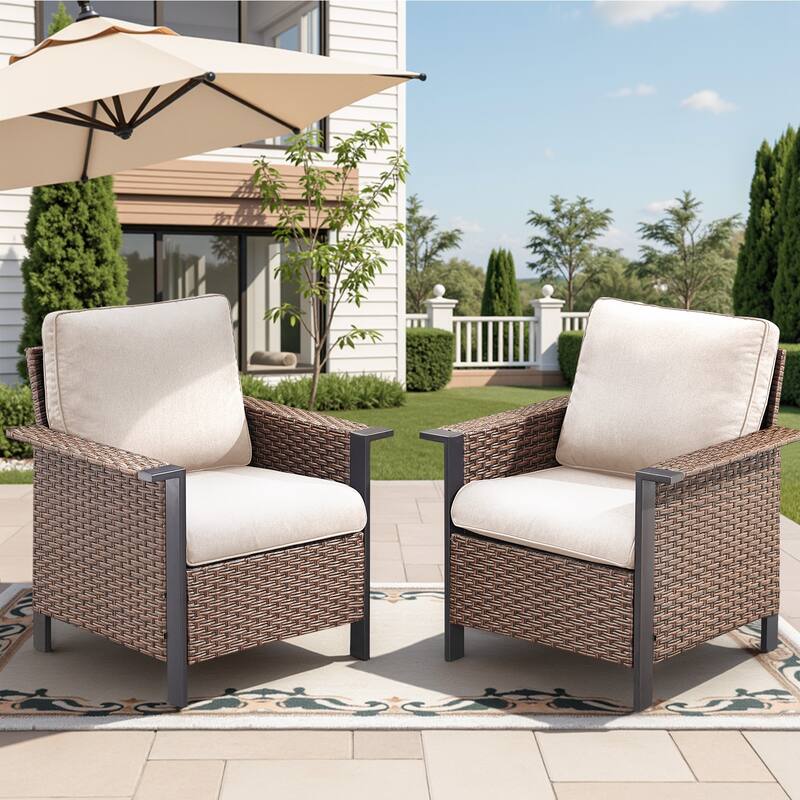 Pocassy Outdoor Wicker 2-Piece Patio Chair with Cushion - Brown Wicker Beige Cushion - 2-Piece Patio Chair with Cushion