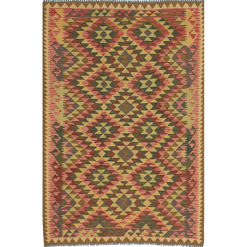 ECARPETGALLERY Flat-weave Anatolian Green, Pink Wool Kilim - 4'5" x 6'8" - 4'5" x 6'8" - Dark Green, Pink