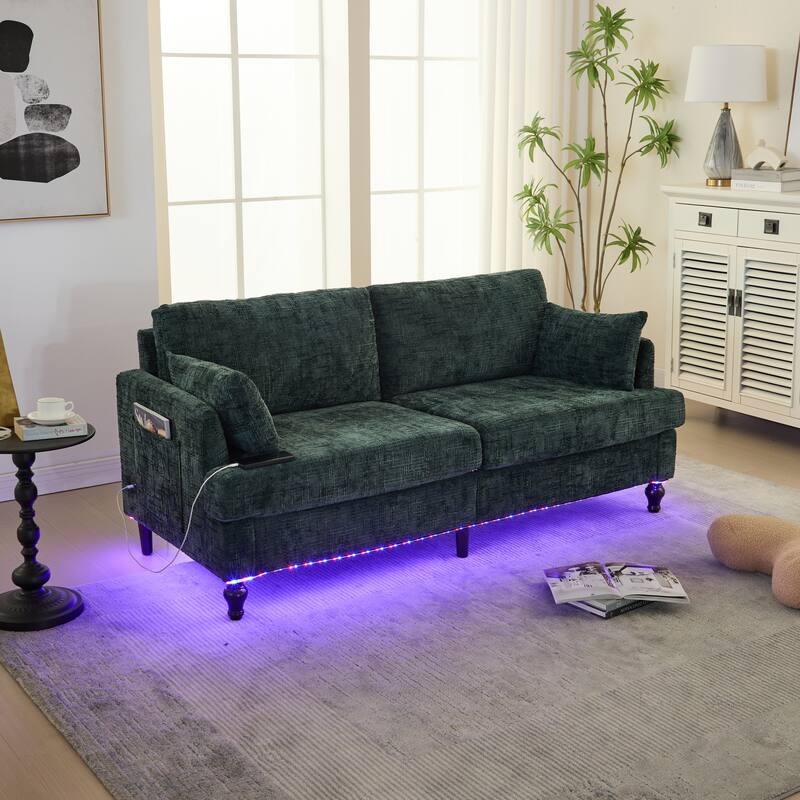 Modern Style Chenille 2-Seater Wood-Legged Sofa With Led Light, Usb Charging Port And Storage Bag Living Room Bedroom Study Room