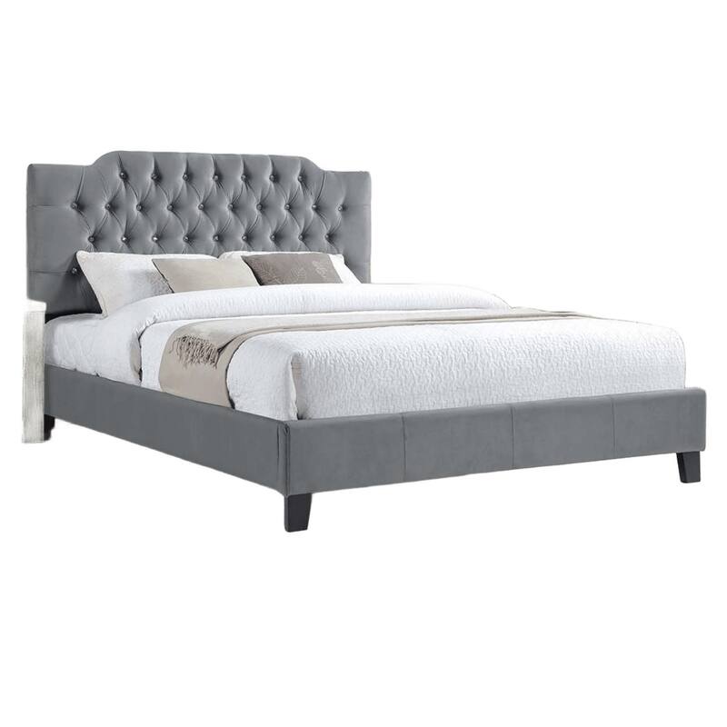 Modern Gray Velvet Full Size Bed with Tufted Headboard