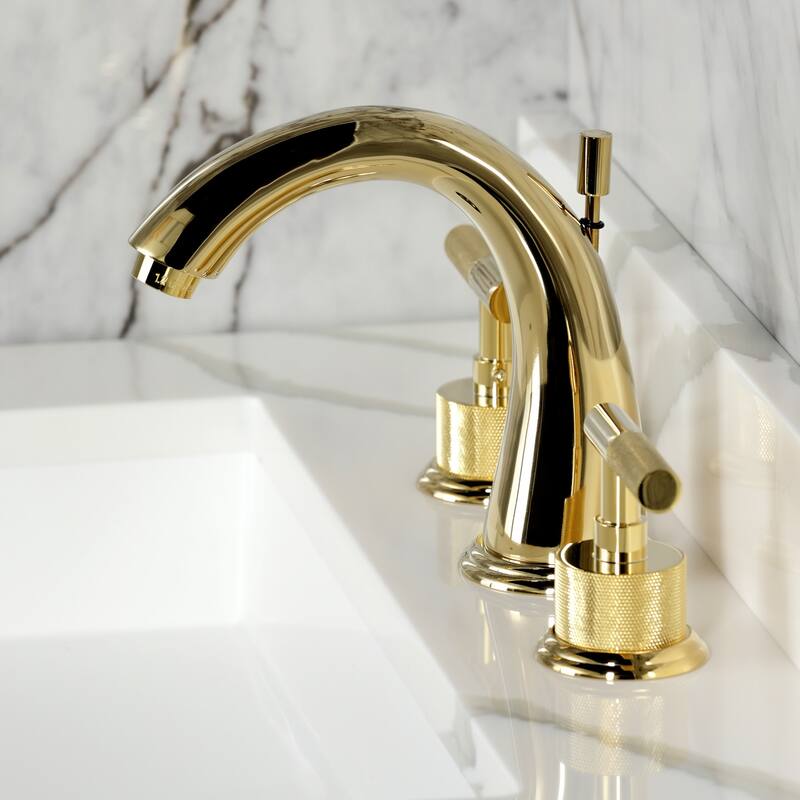 Kingston Brass Convergent Two-Handle 3-Hole Deck Mount Widespread Bathroom Faucet with Knurled Handle and Brass Pop-Up Drain