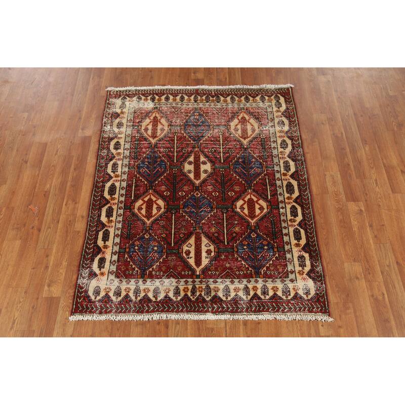 Hand Knotted Oriental 100% Wool Carpet Traditional Geometric Red Bakhtiari Area Rug - 4' 11'' X 3' 10''