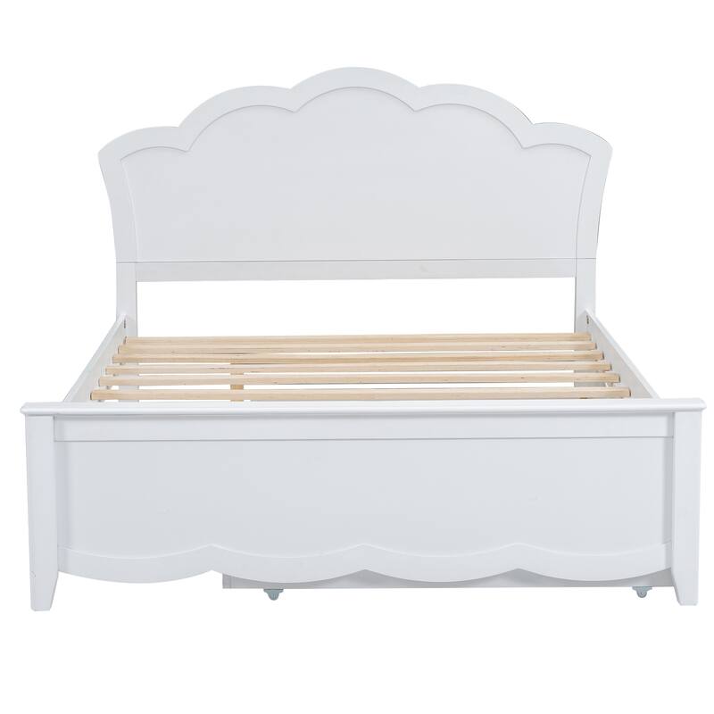 Single Bed Wood Platform Bed with Wave Shape Headboard and Footboard, Twin Size Trundle Bed Underneath No Box Spring Needed
