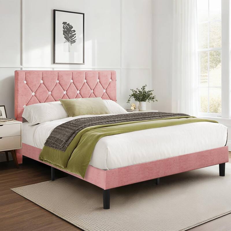 VECELO Upholstered Beds With Diamond Tufted Headboard, Platform Bed Frame, 7.9'' Under Bed Space