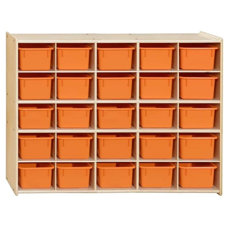 Contender 25 Cubby Storage Shelving Unit With Orange Bins, Daycare Organizer For Toys, Puzzles and Craft Supplies