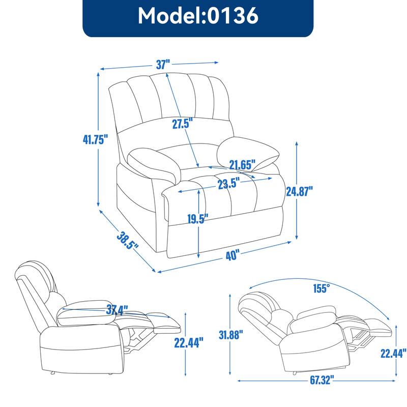 Roomfitters Oversized Manual Recliner Chair Padded Fabric Living Room Seating Ergonomic Lounge Sofa with Wide Armrests
