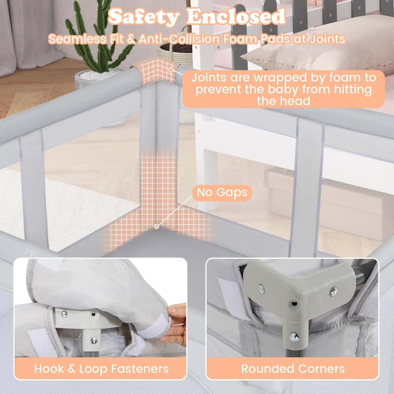 Honeyjoy Large Baby Playpen 50" x 50"/59" x 59" with Zipper Gate 50 - Grey