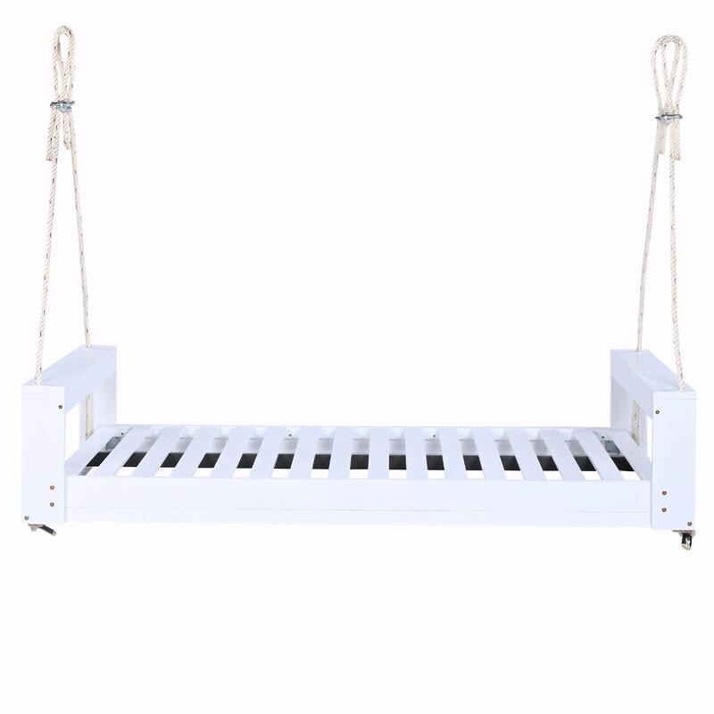Twin Size Porch Swing Bed Seating Group, Patio Acacia Wood Swing Frame with Hemp Rope