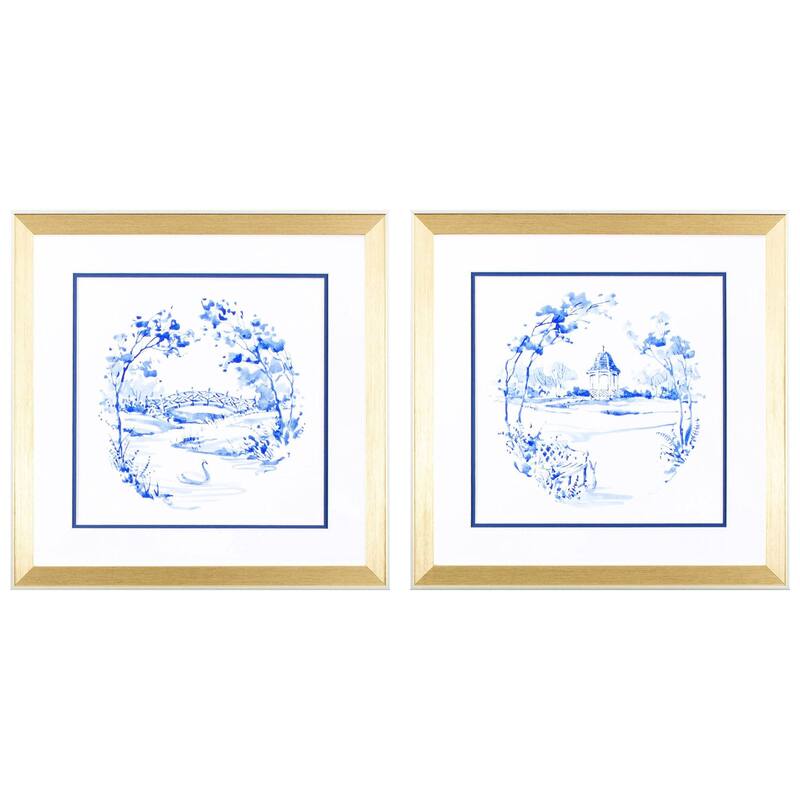 HomeRoots Set Of Two Blue Garden Impress B Gold Framed Wall Art
