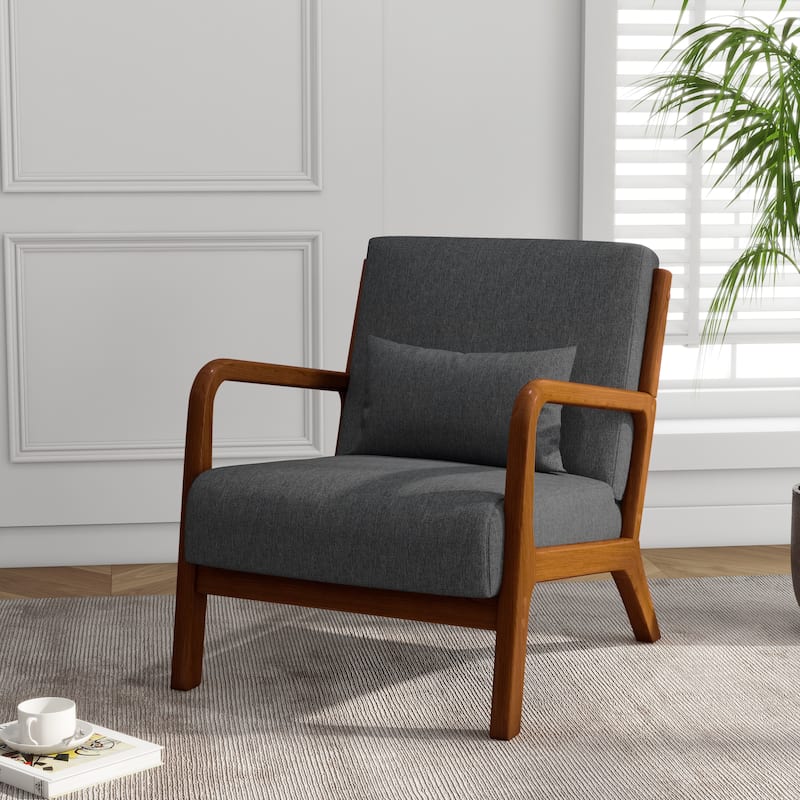 Mid Century Solid Wood Upholstered Accent Chair - DARK GRAY/Linen/BROWN WOOD HIGH SIDE FRAME