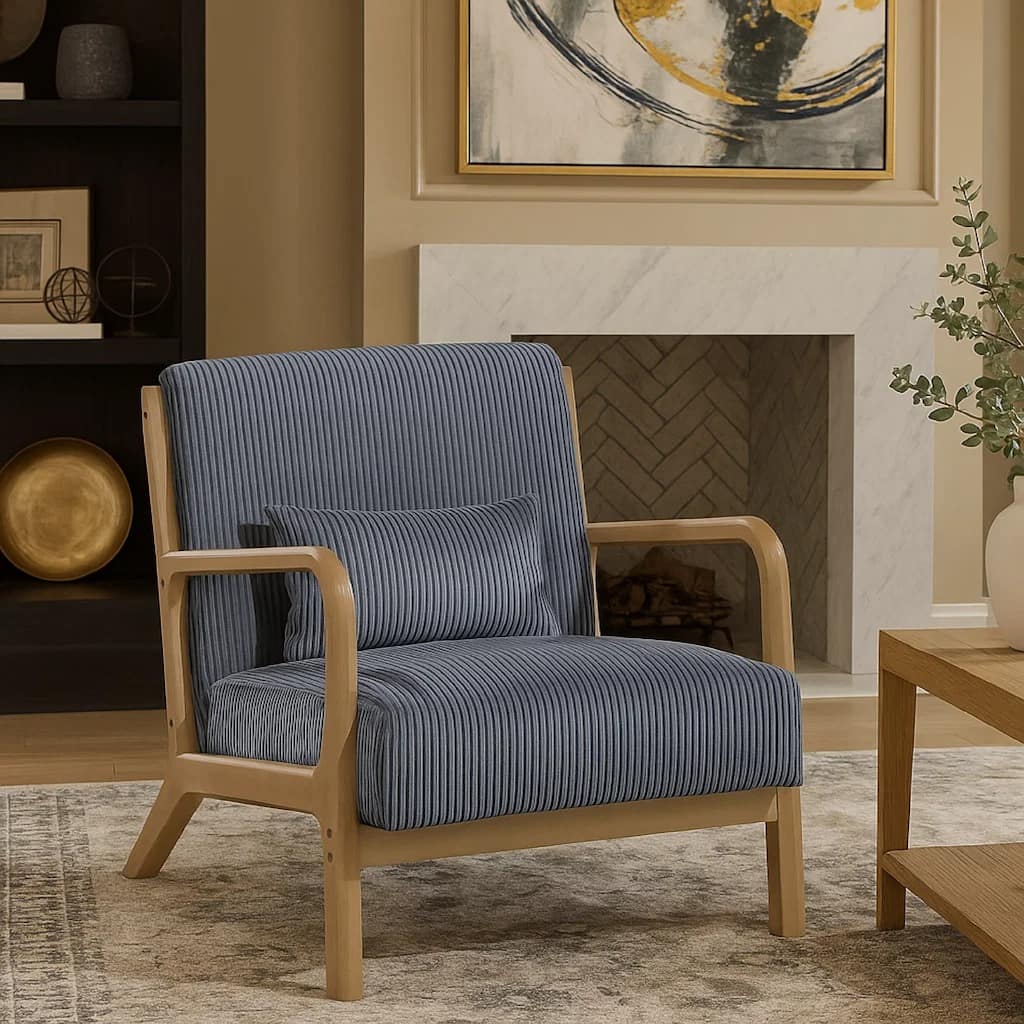 Jerime Accent Chair, Dark Gray Corduroy Fabric, 1 Pillow, Brown Wood