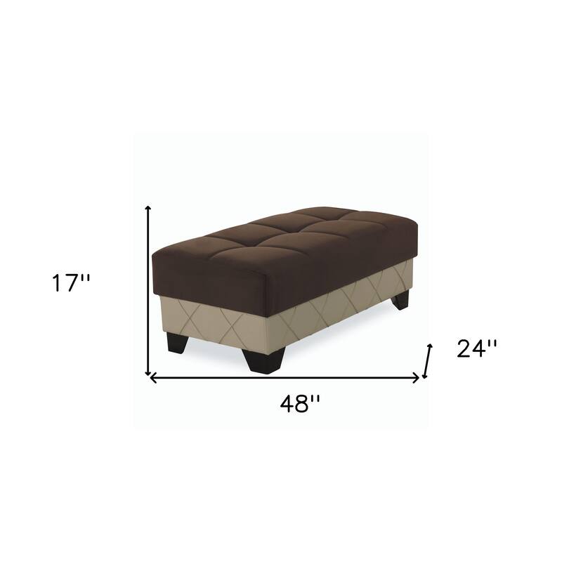 HomeRoots 48" Brown and Cream Faux Leather And Microfiber Tufted Storage Ottoman