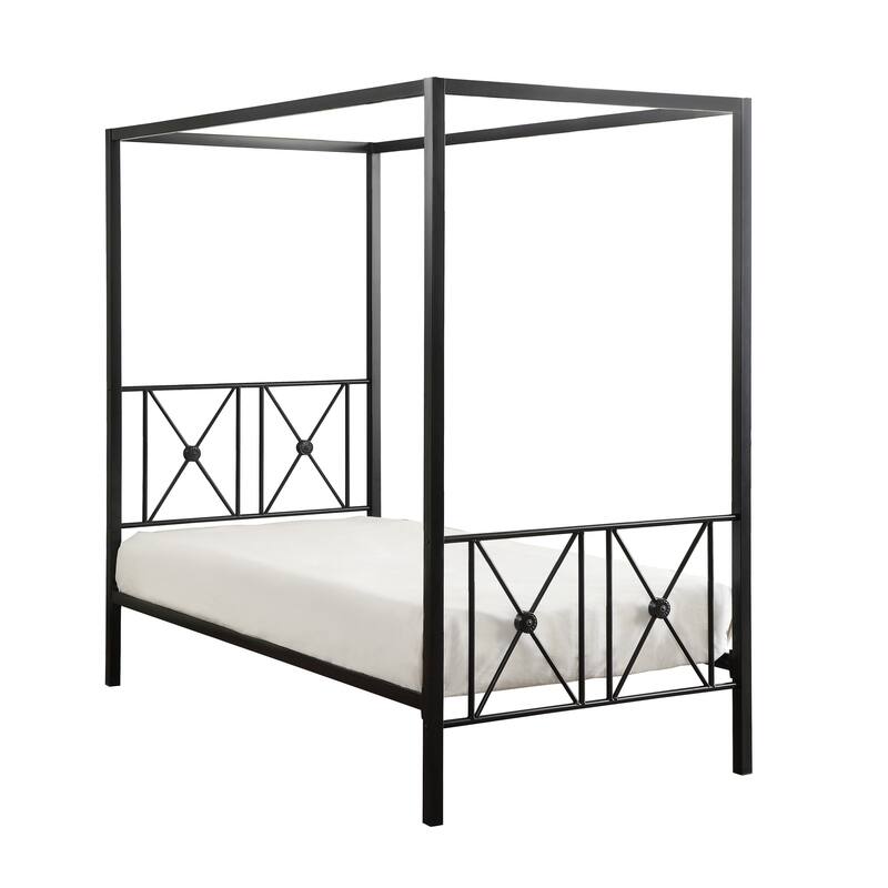 Twin/Queen Size Metal Canopy Platform Bed Frame with Double X-Framing, Black Finish, and Medallion Accents.