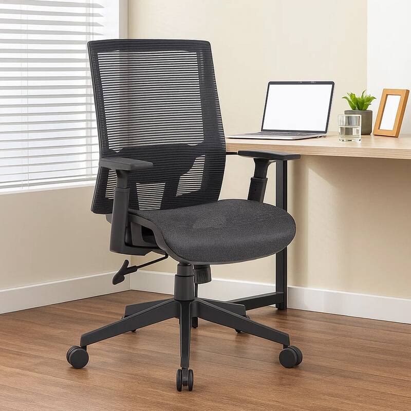 Swivel Task Chair, Black Mesh, Gray Antimicrobial Vinyl, Foam