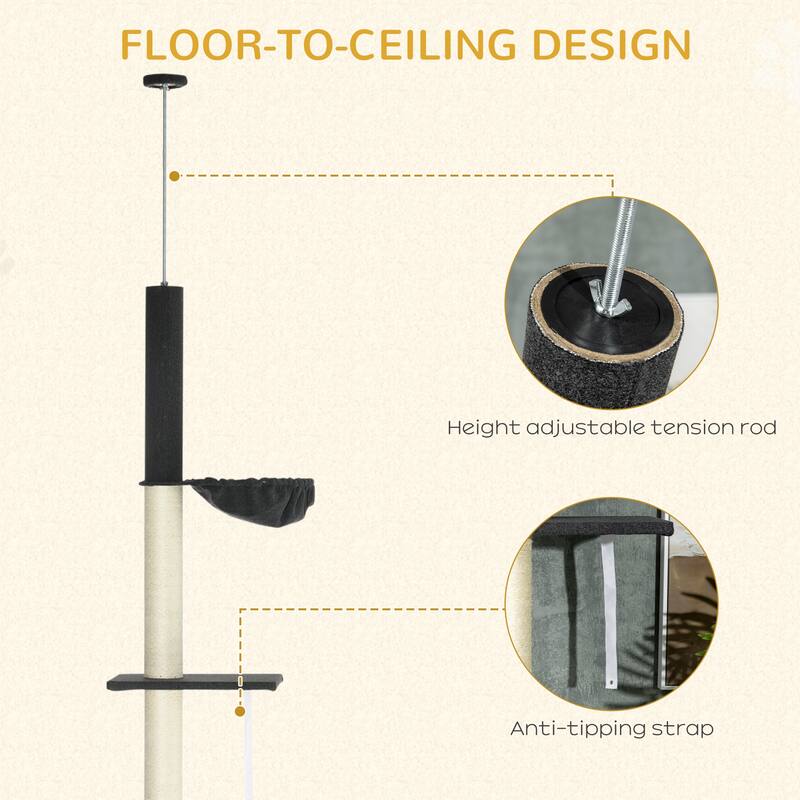 94"-106" Adjustable Cat Tree Tower with Hammock, Bed & Sisal Posts - 17.75" L x 17.75" W x 94.5" -106.25" H