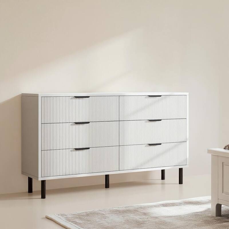 55'' Wide Chest of Drawers, 6 Drawer, with Anti-Tipping Device - White