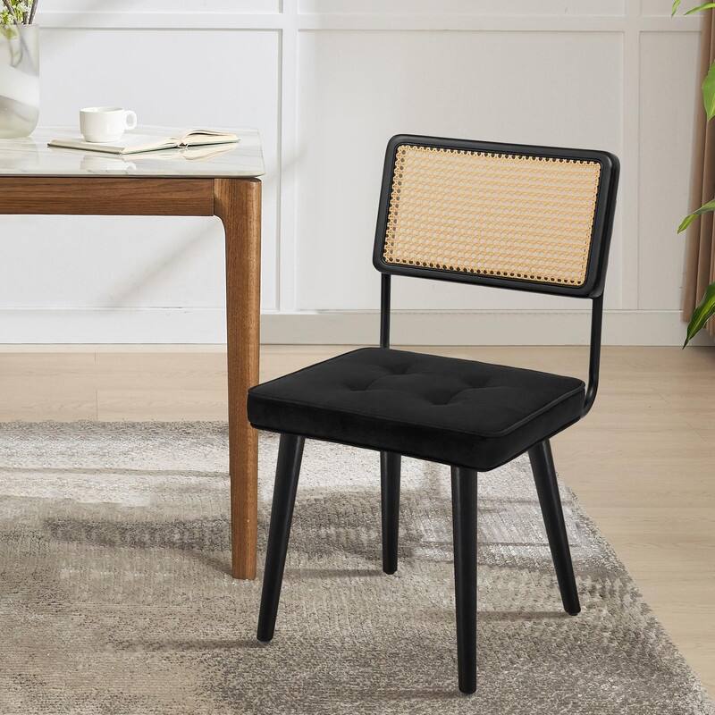 Mid-Century Modern Upholstered Dining Chair with Checkered Hollow Rattan Backrest and Padded Cushion - Black - 1-Piece