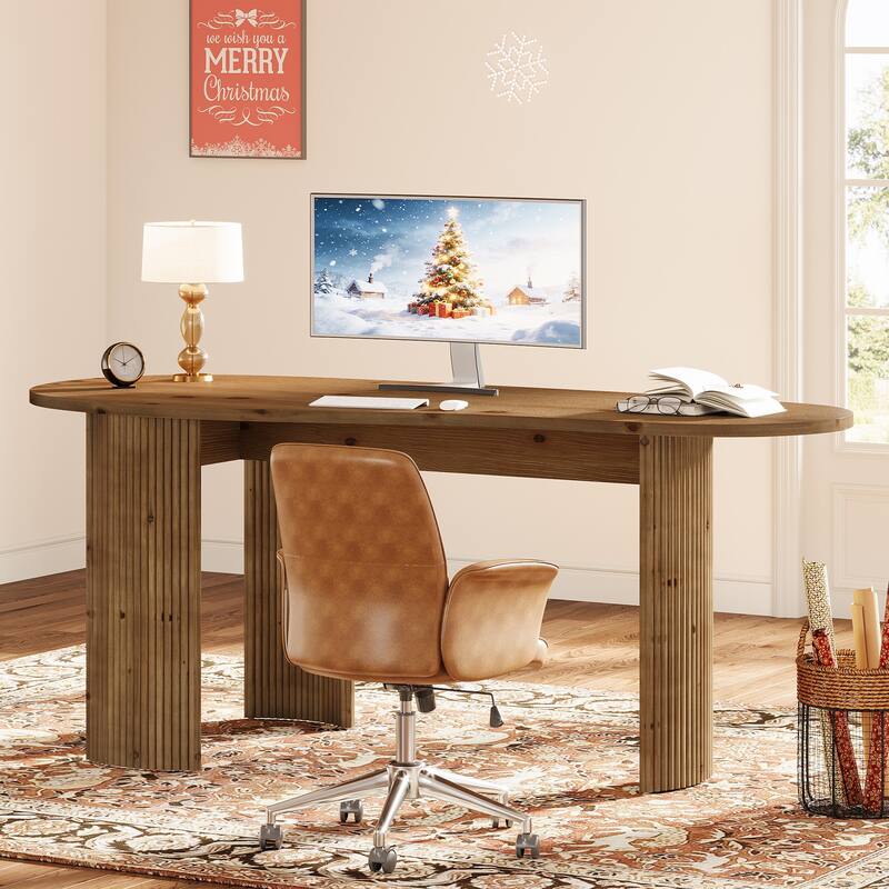 Solid Wood Executive Desk, Curved Small Computer Desk with Sturdy Fluted Legs