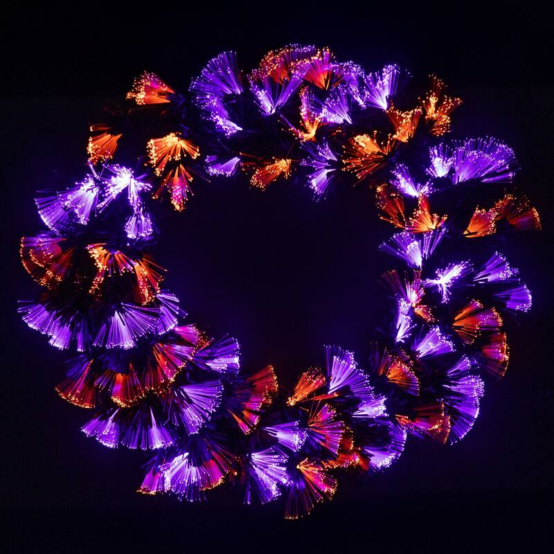 Multi-Function Fiber Optic Artificial Halloween Wreath - 24" - Black - Orange and Purple LED