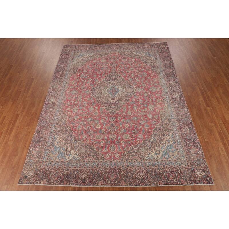 Traditional Pink Kashan Persian Vintage Rug Hand-Knotted Wool Carpet - 9'0"x 11'9"