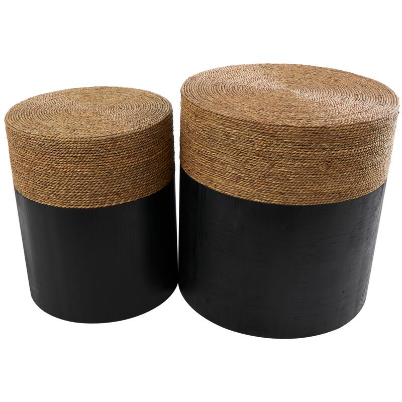 Black Wood Handmade Colorblock Wrapped Accent Table with Dried Plant Tabletops (Set of 2)