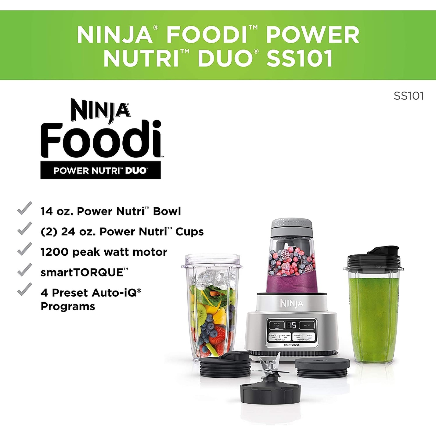 Ninja SS101 Foodi Smoothie Maker & Nutrient Extractor* 1200 WP, 6 Functions  Smoothies, Extractions* Spreads, smartTORQUE, 14-oz. , (2) To-Go Cups 