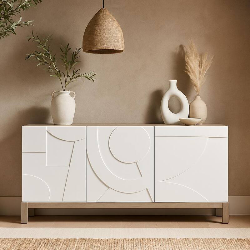 Wooden Geometric 3 Door and 1 Interior Drawer Sideboard - White - Roche River Decor - 19"W x 68"L x 32"H