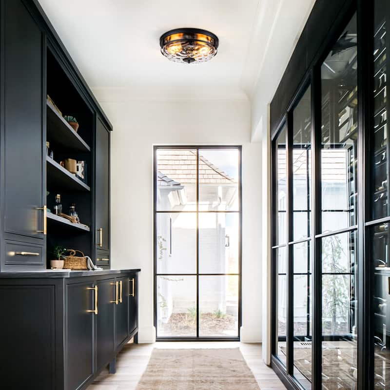 2-Light Modern Industrial Black Dome Clear Water Rippled Glass Flush Mount Ceiling Light - 12.9 in. W x 5.5 in. H