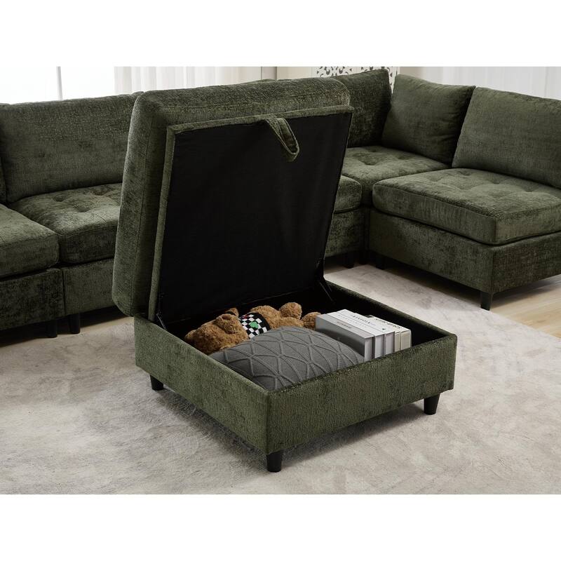 128" Chenille U-Shaped Modular Sectional Sofa with Storage Ottoman, Pocket Spring Support, and 6-Seat Configurable Design